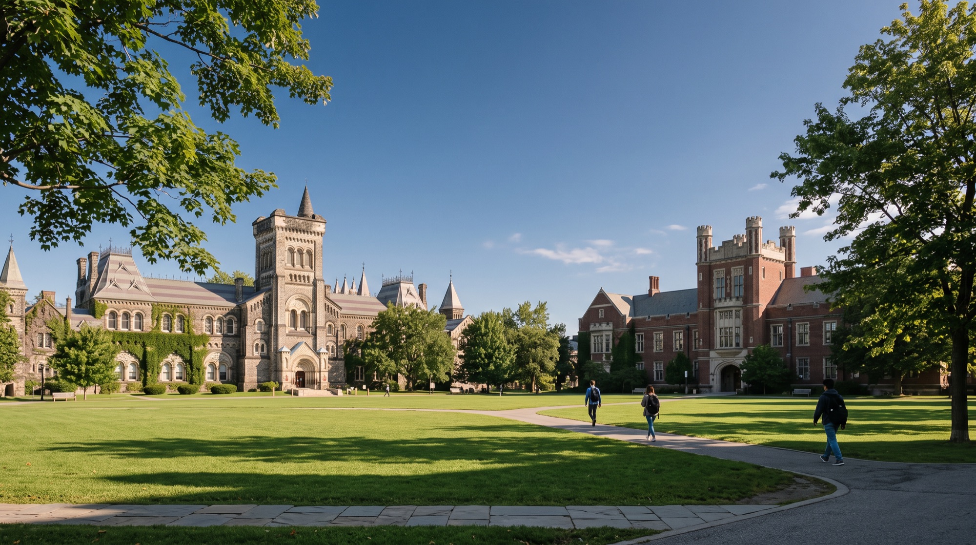 Wide view of a University campus quad